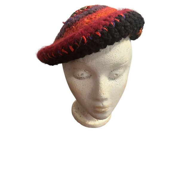 Handmade Vtg Wool Beret Colorful Hat Winter Toque‎ Pink Bohemian Boho Multicolor - Picture 3 of 10